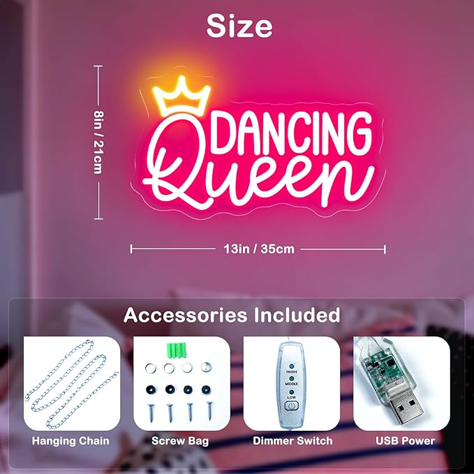 Dancing Queen Neon Sign Let's Dance Dimmable LED Signs for Wall Decor Neon Lights for Dance Room Dancing Party Bar Club Birthday Party Decoration Gift for Girl Kid Lover 35CM*21CM