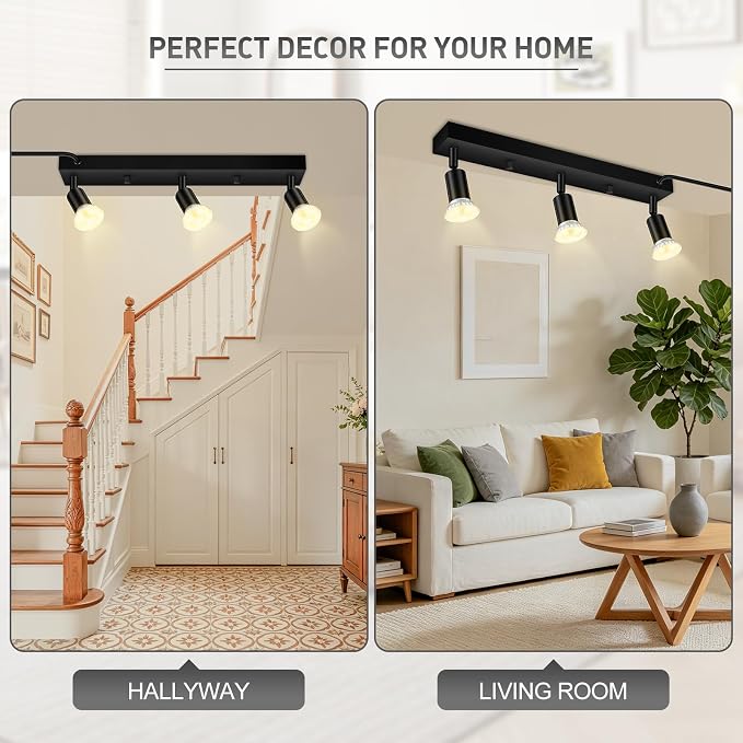3 Head Plug in Track Light Fixture Black, Easy Install Corded Track Lighting Kit with Switch, Adjustable Directional Spotlight for Kitchen Island Closet Art Display, Modern Ceiling Lamp,15ft Cord
