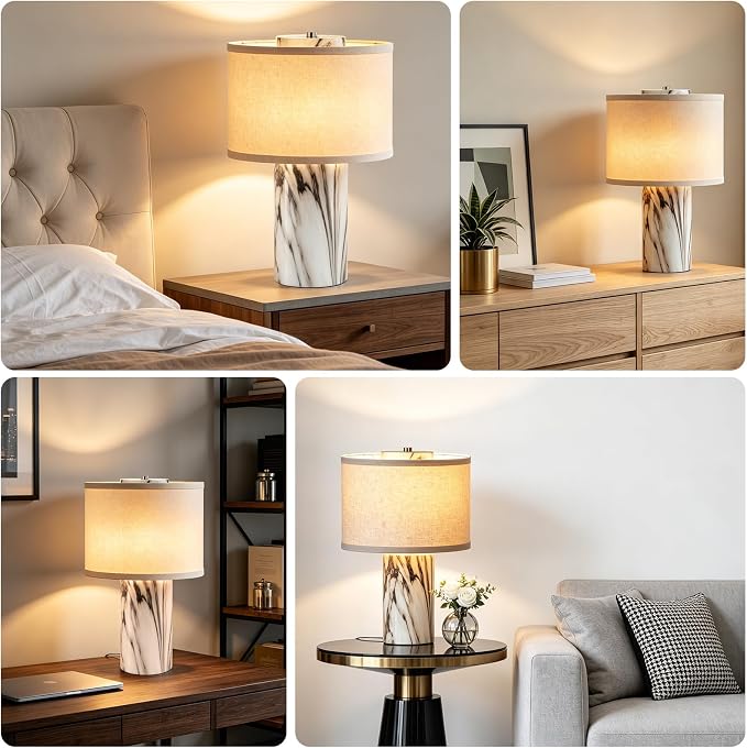 Marble Touch Lamp with Faux Marble Finish, 3-Way Dimmable Bedside Table Lamp for Bedroom, Nightstand & Living Room, Office, LED Bulb Included