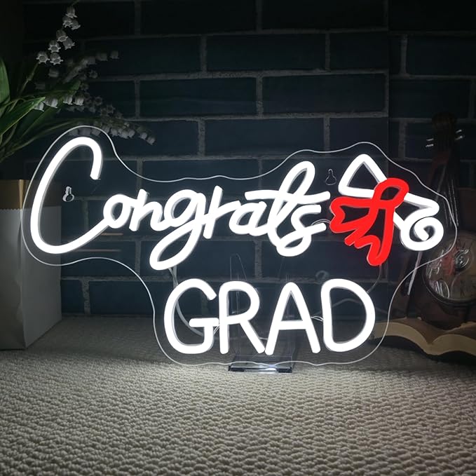 WLHOPE Congrats Grad Neon Sign with Scroll Graduation Decorations 2025 White Red LED lights for Party College High School Class Graduation Gifts