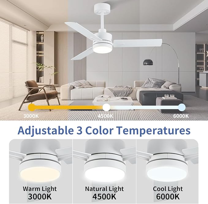 LANMEL Metal Ceiling Fan with Lights and Remote, 42 Inch, White | Modern Low Profile Flush Mount, Reversible, 3CCT Dimmable, Quiet, LED, For Bedroom, Living Room, Indoor/Outdoor Patio Use