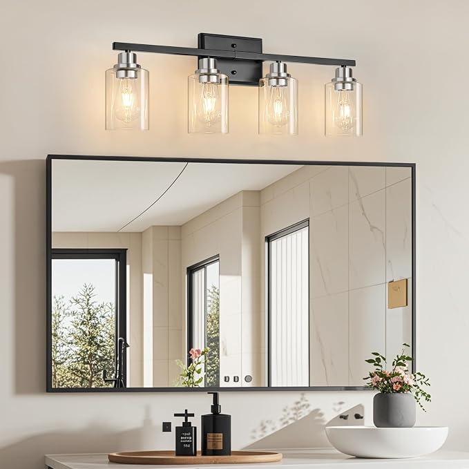 Modern Bathroom Light Fixtures, 4 Light Vanity Lights Over Mirror, Black and Brushed Nickel Wall Lamp with Clear Glass for Living Room Cabinet Bedroom Porch