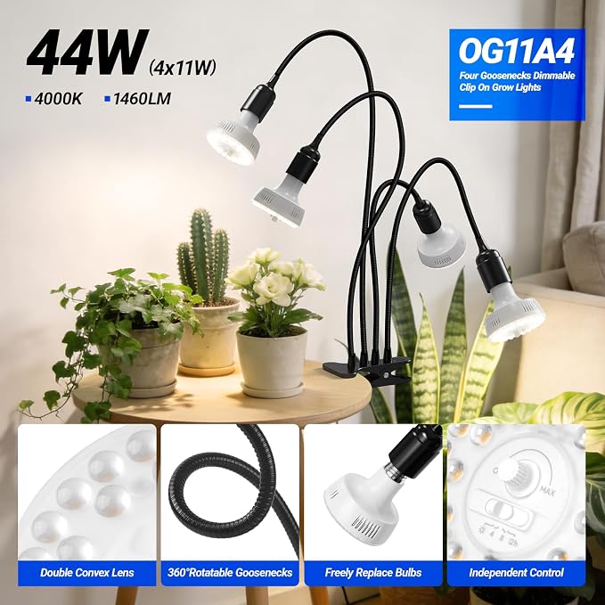 Barrina Orbgrow OG11A4 Clip On Grow Light for Indoor Plants, 4000K 44W | Integrated Stepless Dimming & Timing, Full Spectrum, High PPFD, 4 Goosenecks with E26 Plant Light Bulbs