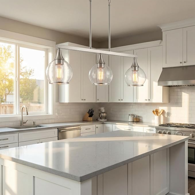 Kitchen Island Linear Pendant Light, 3-Light Brushed Nickeld Dining Room Chandelier with Clear Glass Globe Shades, Modern Linear Lighting Fixture Over Table