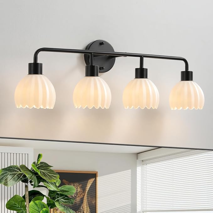 Black 4-Light Vanlity Light Over Mirror,Wall Sconces,Modern Bathroom Light Fixture with Milk White Glass Flower Shade,E26 Socket(Bulbs Not Included)