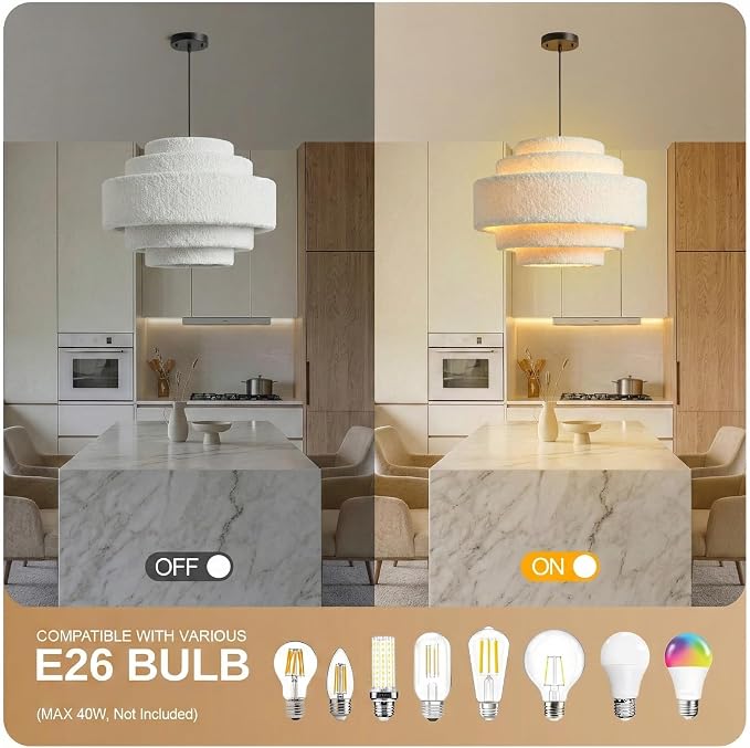 AUQUEE 5-Tier Coastal Chandelier, 13" Modern Boho Pendant Light Fixture with Soft Teddy Plush Shade, Adjustable Modern Drum Hanging Lamp for Bedroom/Nursery/Dining Room/Kitchen Island/Entryway,White
