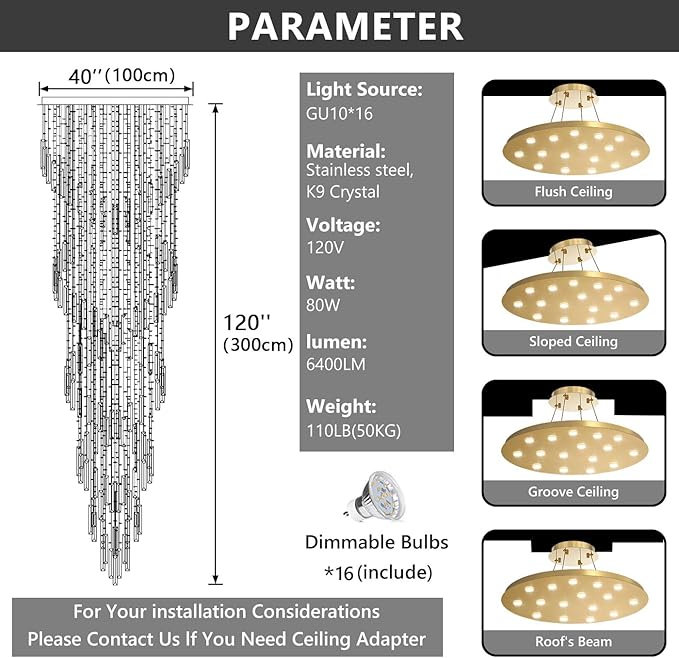 D40'' x H120'' Crystal Chandelier High Ceiling Chandeliers for Entryway Large Raindrop Chandeliers LED Dimmable Flush Mount Light Fixtures for Staircaes Foyer Hallway Living Room Bulbs Included Gold