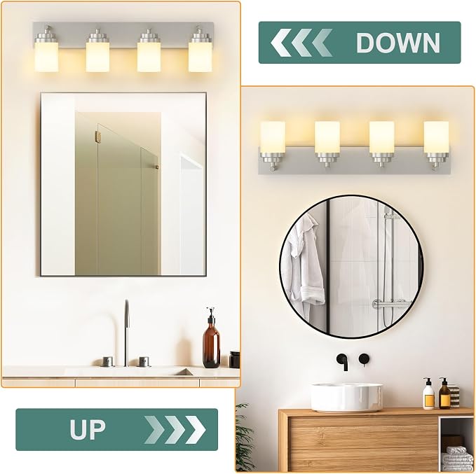 IZORRO Bathroom Vanity Light Fixture, 4-Light 30 Inch Brushed Nickel Bathroom Light Fixtures Over Mirror, with White Glass Shade, Modern Farmhouse Vanity Lights, Rustic Restroom Lighting Fixtures