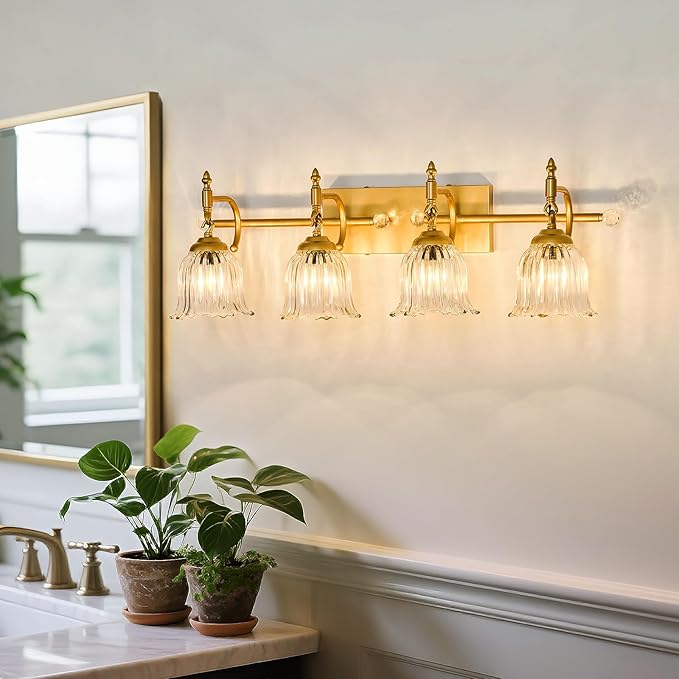 CVKASH 4-Light Bathroom Vanity Light Fixtures Over Mirror,Brushed Gold Modern Vanity Lights with Glass Shade Vintage Wall Sconce for Bedroom Dressing Room Living Room Hallway Cabinet