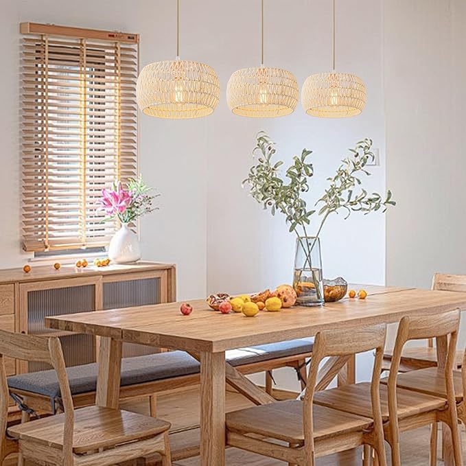Rattan Pendant Light Fixture,Basket Chandelier Hanging Lights,Cream White Boho Drum Lighting Flush Mount Ceiling Lights Woven Wicker Chandeliers for Kitchen Island Dinning Hallway Bedroom