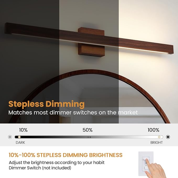 Modern Bathroom Light Fixtures Over Mirror, 32 Inch Brown Wood Finish Vanity Light Bar 26W Dimmable 5CCT LED Vanity Lights for Bathroom Wall Lighting Fixtures Over Mirror