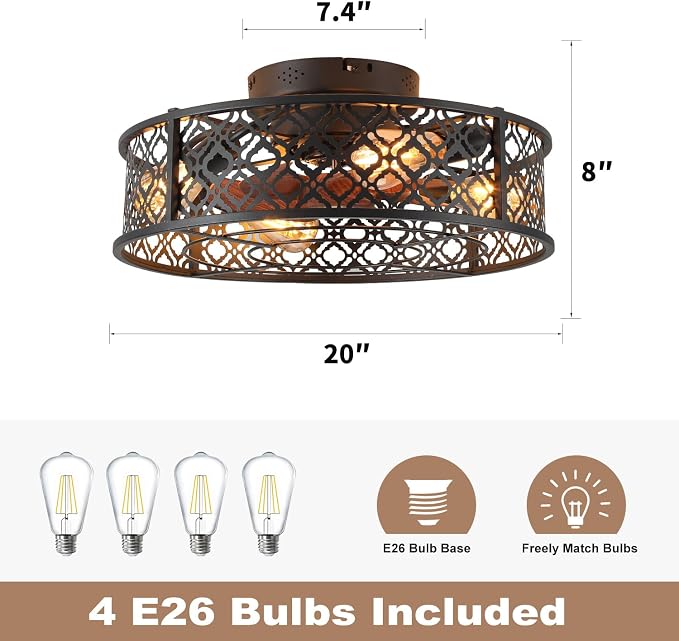 20" Caged Ceiling Fans with Lights Flush Mount Ceiling Fan with Remote,Small Black Low Profile Bladeless Ceiling Fan Light Fixture for Bedroom, Kitchen, Dining Room 4 bulbs Included,6 Speeds