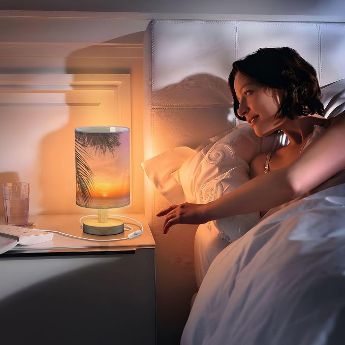 Table Lamp Sunset Ocean Palm Tree Tropical Summer Nightstand Lamp with Wood Base Fabric Lamp Shade Bedside Desk Lamp for Living Room Bedroom Kids Room Office
