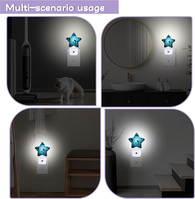 Sharks Swimming Decorative Nightlight Plug in Wall,Deep Blue Sea Star Shaped Night Light with Built in Sensor for Home Decor,Kitchen Hallway Stairs Desk Lamp