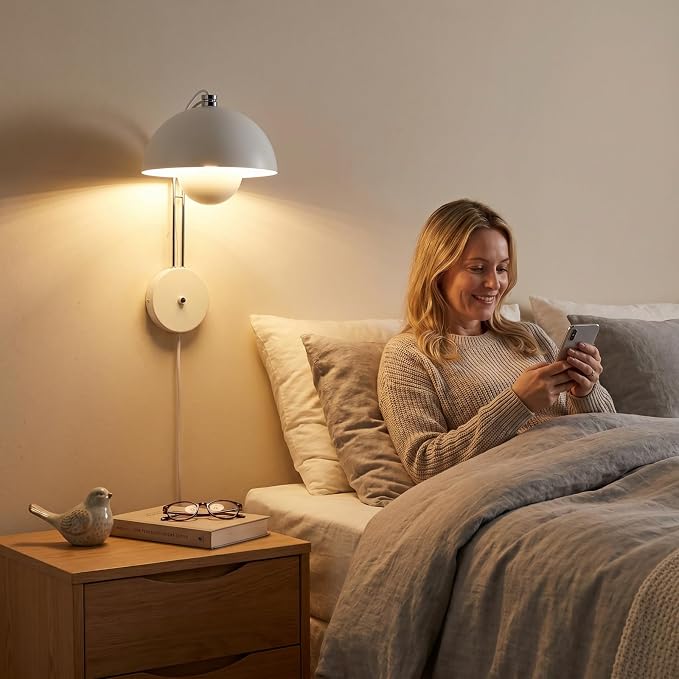 Mid-Century Modern Bud Plug in Wall Sconces for Bedroom, Matte White | Indirect lighting reading wall lamp, all-metal construction, plug-in or hardwired install, fits bedroom bedside, living room