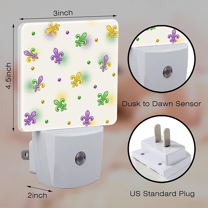 Mardi Gras Carnival Night Light Plug into Wall,Fleur de Lis and Beads Dusk to Dawn Night Light Plug in,0.5w Energy Saving Sleep Friendly NightLight for Kids Boys Girls Home Decor