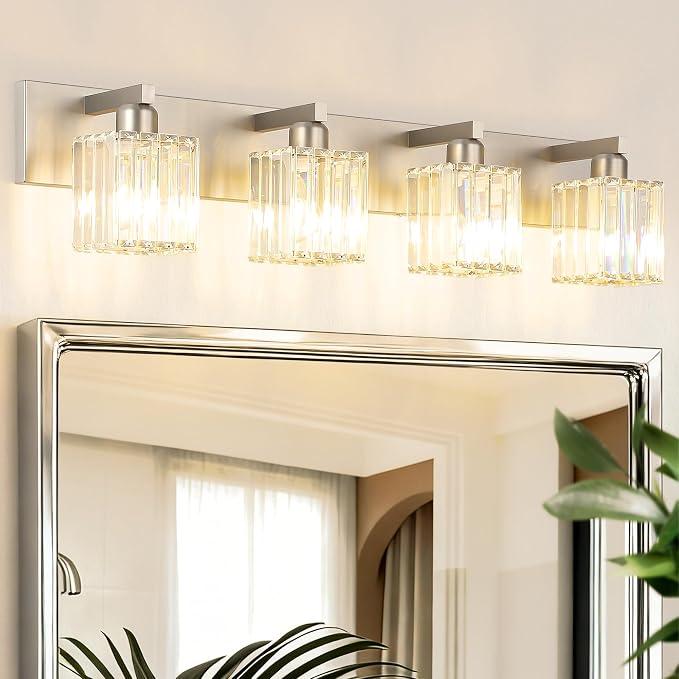 Aipsun Brushed Nickel Bathroom Lighting Fixtures 4 Light Crystal Modern Bathroom Vanity Light (Exclude Bulb)