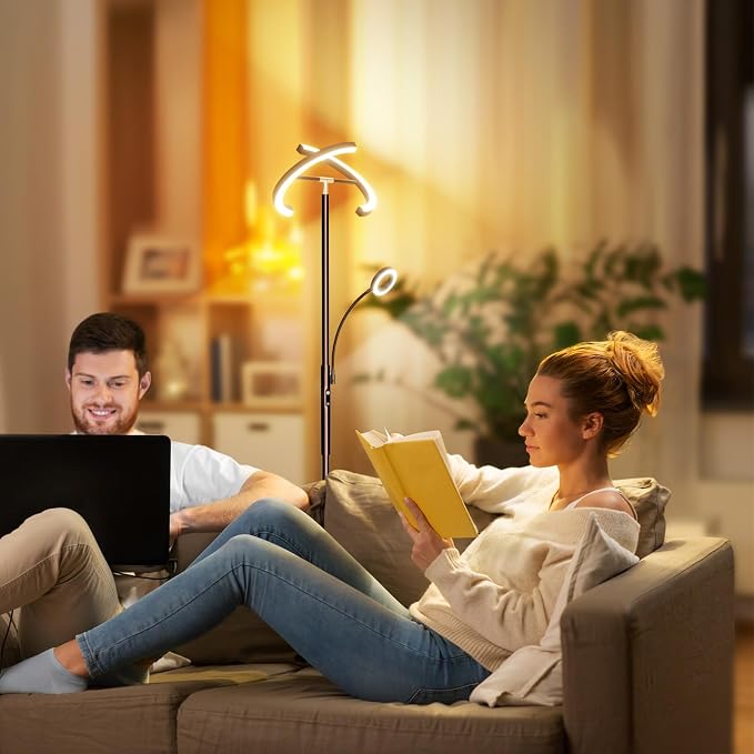 2-in-1 Brown LED Floor Lamp - 69" Dimmable Torchiere Standing Lamp with Remote Touch Control, 29W Bright Modern Floor Reading Lamp Pole Light for Living Room Bedroom Office Corner