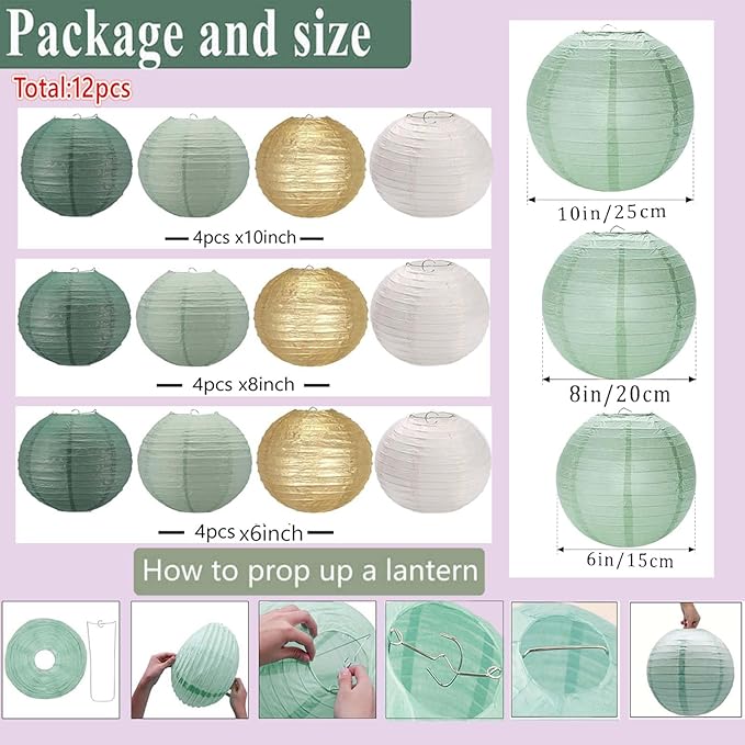Sage Green Gold White Forest Green Paper Lanterns 12Pcs Hanging Round Paper Lanterns Decorative for Graduation Baby Shower Wedding Birthday Family Parties ﻿
