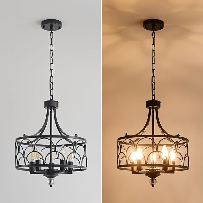 5-Light Black Chandelier,15.2in Farmhouse Lantern Pendant Light Fixture,Adjustable Hanging Ceiling Lamp with E12 Socket,for Kitchen Island,Bedroom,Entryway,Dining Room