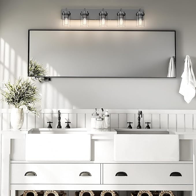 Modern 5-Light Black Bathroom Vanity Light with Clear Glass Shade, 37.4 x 4.7 x 6 inches