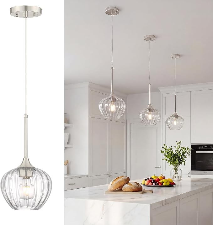 Glass Pendant Lights for Kitchen Island, 7.7" Modern Brushed Nickel Pendant Light Fixtures Mini Adjustable Hanging Light for Kitchen, Dining Room, Sink, Bathroom
