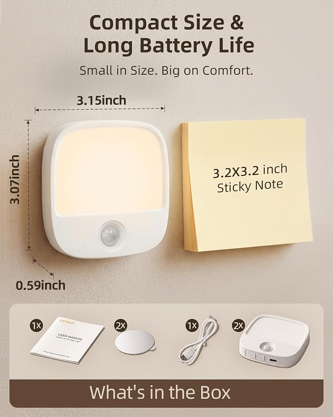 EZVALO Rechargeable Motion Sensor Night Light, Magnetic Stick-On LED Light with 3 Color Temperatures, Dimming & Memory, Portable Cordless Light for Closet, Bedroom, Hallway, Stairs, Bathroom (1 Pack)