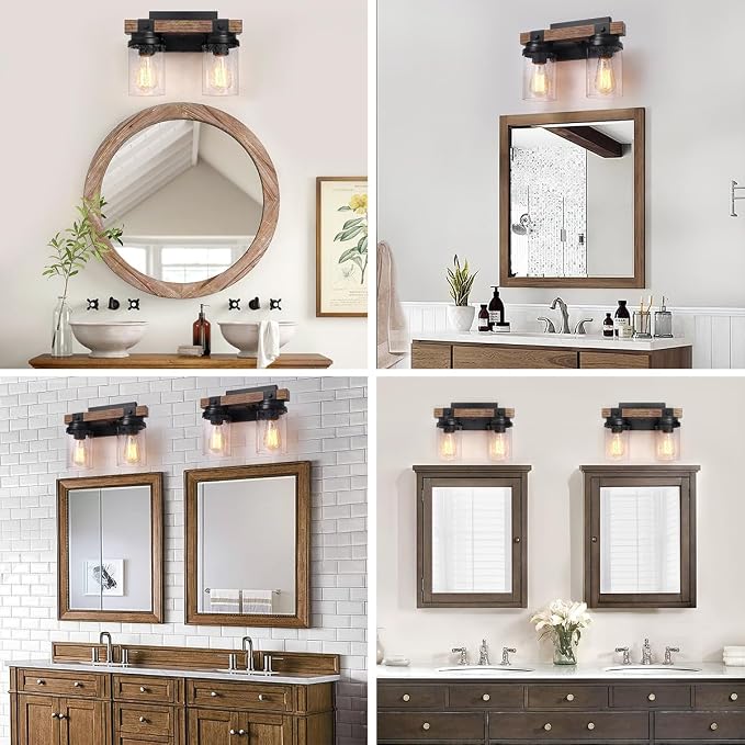 2 Light Farmhouse Vanity Lights Rustic Bathroom Light Fixtures Over Mirror | Faux Wood Wall Mount Light with Clear Seeded Glass Shade, Industrial Black Metal Wall Sconces for Bathroom Living Room