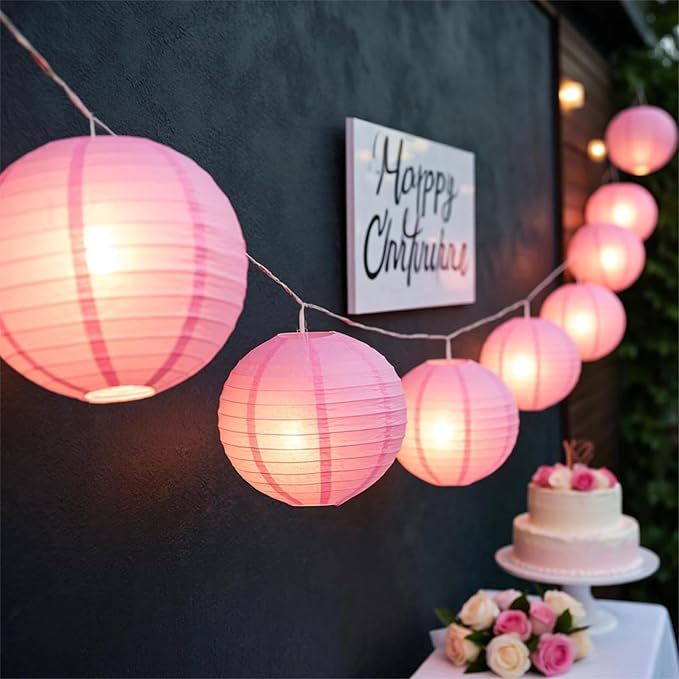 Chinese Paper Lanterns - Pack of 10, 10-Inch Pink Hanging Lights for Birthday Party Decorations, Ceiling Decor, Rainbow Classroom, Wedding, and Home Party