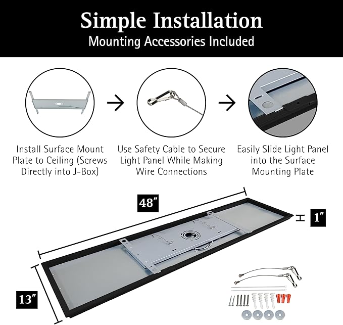 Ultralux Framed 1x4 Surface Mount LED Panel Dimmable 5CCT Matte Black 1Pk | 4000 lumens, 120-degree beam, CRI>80, 48.5 x 12.5 x 1.2 in, aluminum, fits junction boxes, over 50,000 hours