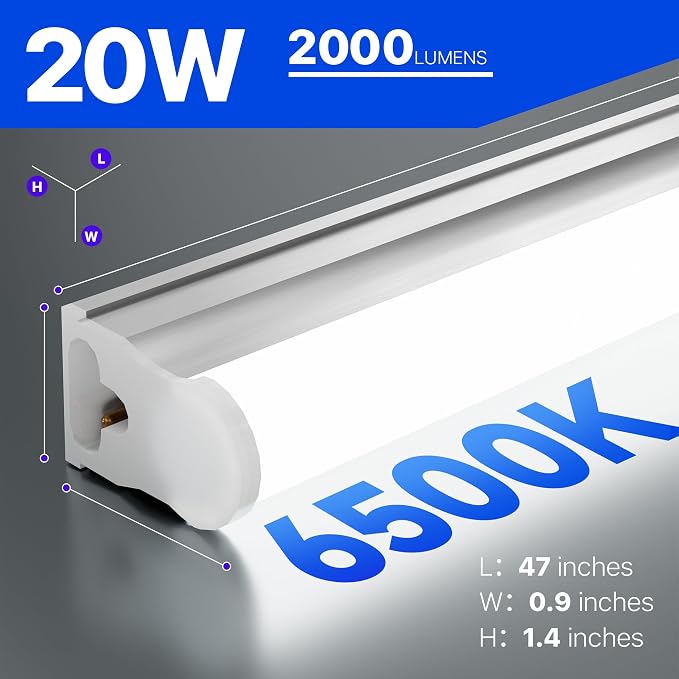 Ensenior 4FT LED Shop Lights, T5 6500K Super Bright Garage Lighting, 6 Pack | Integrated utility light Fixture, linkable plug & play for gym, ceiling, under cabinet, basement & warehouse, 2000LM 20W, FCC