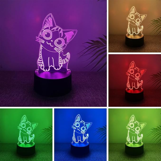 3D Illusion llamp LED Night Light, Anime Night Light Table Lamp USB Powered 7 Colors LED Lights with Touch Switch for Kids Gifts Bedroom Decoration (Cat)
