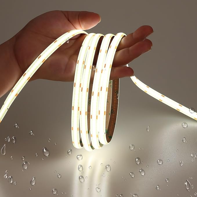 JOYLIT 12V COB LED Strip Lights 20FT/6M IP65 Waterproof 5000K Daylight White 320LEDs/M CRI 90+, Bright Uniform Spotless Dimmable Adhesive Tape Lights for Kitchen Cabinet, Counter, Shelf, Stair