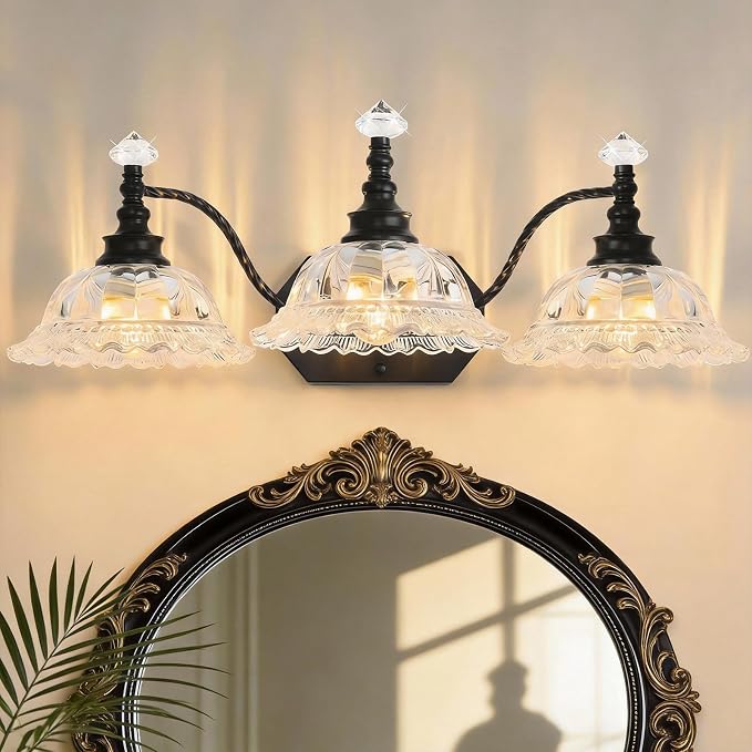 Vintage Bathroom Light Fixtures, 3 Light Black Vanity Lights with Floral Clear Glass Shades, Retro Wall Sconce for Mirror, Powder Room, Bedroom