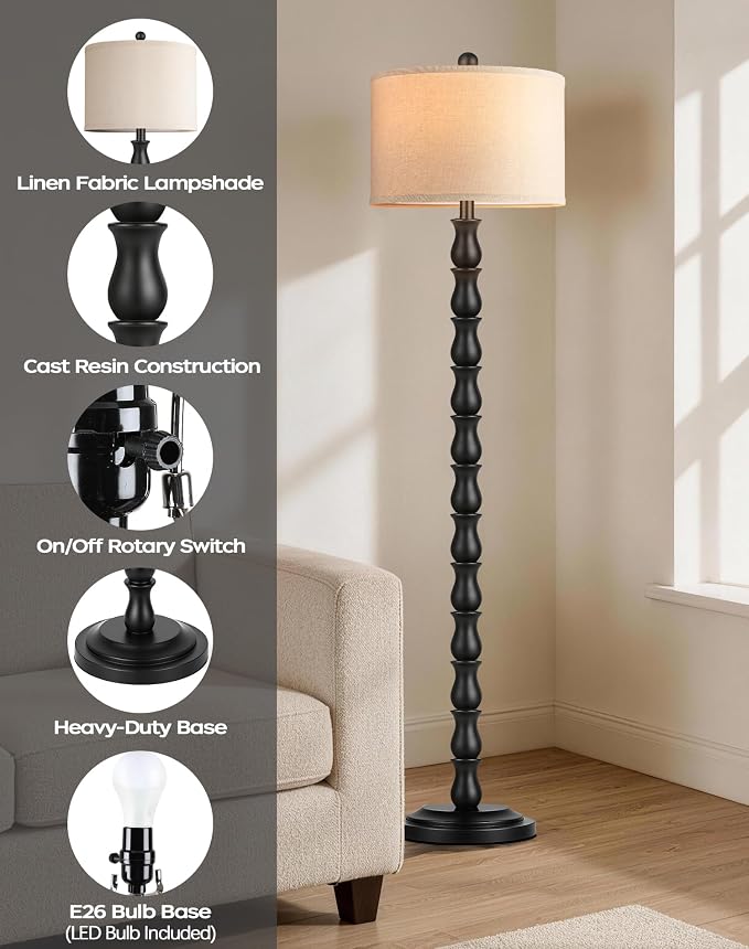 63.5" Rustic Floor Lamp for Living Room, Farmhouse Floor Lamp with Rotary Switch & Linen Shade, Vintage Resin Tall Standing Lamp for Bedroom Corner Office Home Decor, Black (LED Bulb Included)