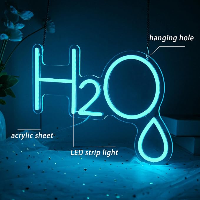 H2O Neon Sign Water Molecule Decor for Chemistry Science Classroom Lab | Dimmable Blue LED Neon Sign with Water Molecule H2O Design for Chemistry Classroom Lab Study Room Office Science Lovers