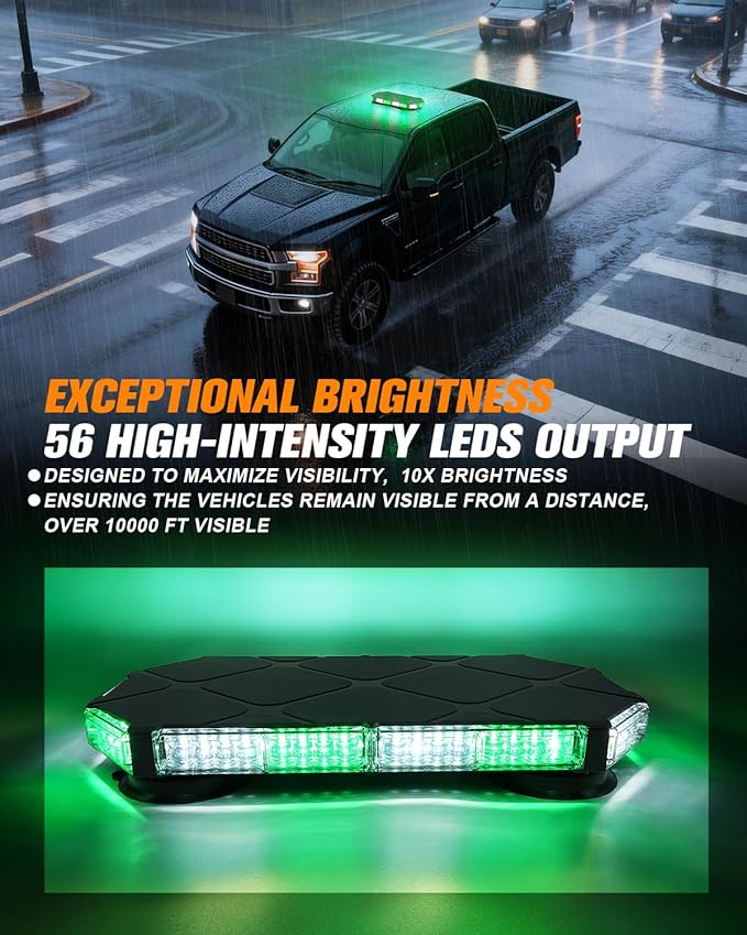 LUMENIX 56 LED Magnetic Roof Top Strobe Light Bar, Low Profile Hazard Warning Flashing Light for Service Vehicles, Utility Trucks, Security Support, Private Property Use – White Green