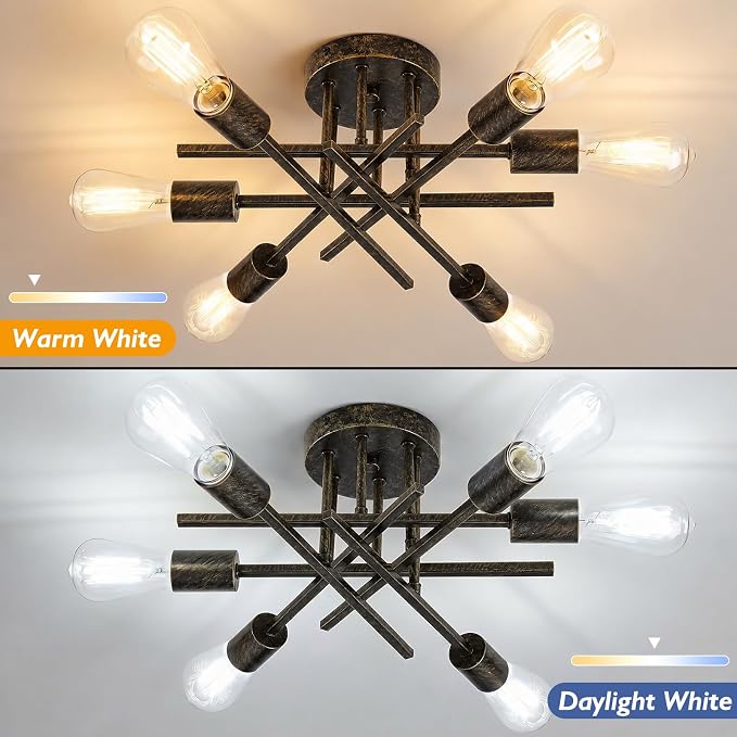 6-Light Semi Flush Mount Ceiling Light Fixture, Modern Industrial Sputnik Ceiling Light, E26 Close to Ceiling Light for Kitchen, Bedroom, Dining Room, Living Room, Hallway, Black Brushed Gold