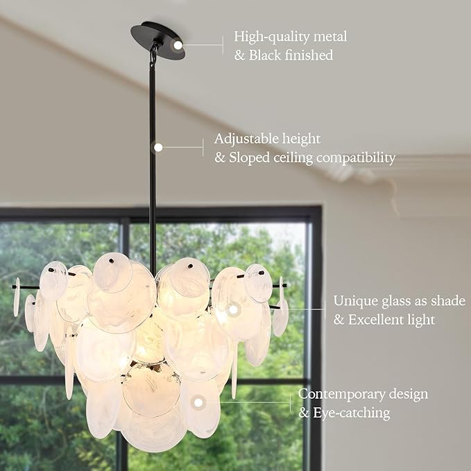 Dia 28 Inch, Modern Glass Chandeliers for Bedroom, Black Dining Room Light Fixture, Large Vintage Pendant Chandelier for Living Room Entryway Foyer
