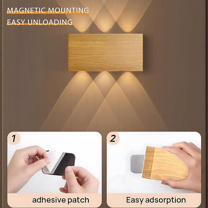 Shelprojsu LED Magnetic Wall Sconce Lights,5000mAh Wireless Bedside Wall Light USB Rechargeable Reading Wall Lamp,3 Lighting Colors and Dimmable Battery Operated Wall Sconces (Wood Color, 1 pcs)