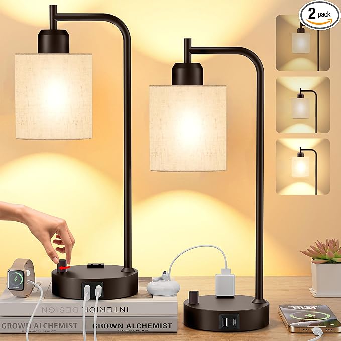 Industrial Table Lamps with Linen Shade, Set of 2 Fully Dimmable Bedside Lamps with USB A+C Ports and Outlet, Brown Nightstand Desk Lamps for Bedrooms Living Room Office, 2 LED Bulbs Included