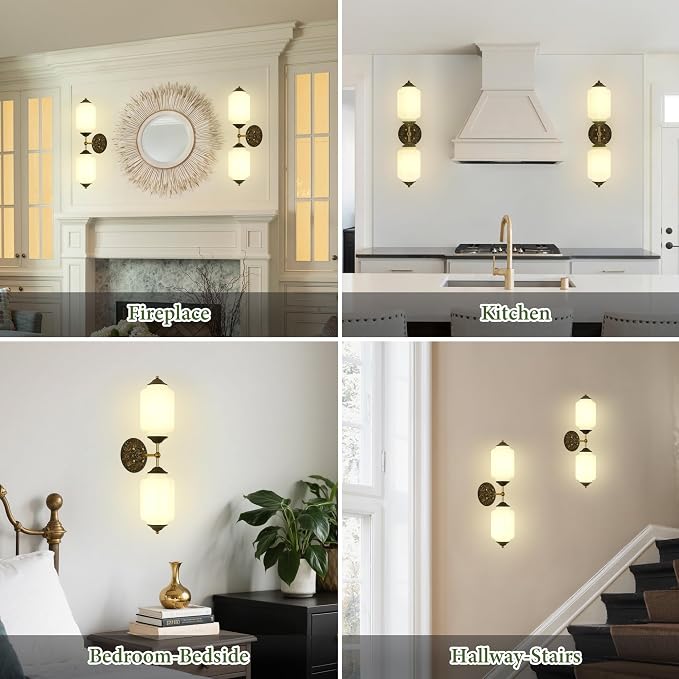 Vintage Green Milk Glass Bathroom Vanity Light - 25" Dimmable Wall Sconce | Mid Century,Vertical or Horizontal Mounted,Antique Brass Gold Lighting Fixture for Bedroom Hallway Decor,E12 Bulb×2 Included