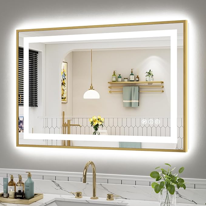 44x30 Inch LED Bathroom Mirror with Gold Frame, Backlit & Front Lit | Anti-fog, 3 Color Dimmable, Memory Function, HD Reflection Tempered Glass, ETL Listed, IP54 Waterproof