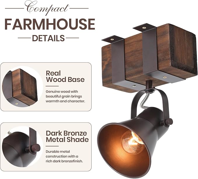 Rustic Ceiling Light, 1 Light Semi Flush Mount Ceiling Light, Farmhouse Wooden Spotlight Ceiling Light with Adjustable Head for Kitchen Sink Hallway Entryway Bedroom