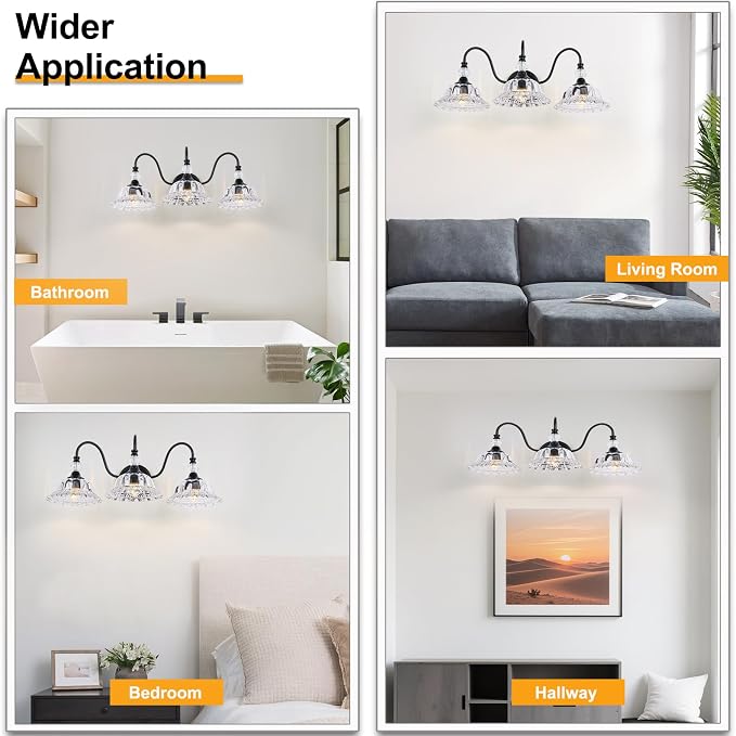 Vintage Bathroom Vanity Light Fixtures 3 Lights Matte Black Vanity Lights for Bathroom with Floral Crystal Glass Shades Wall Lighting Fixtures Over Mirror(Exclude E26 Bulb)