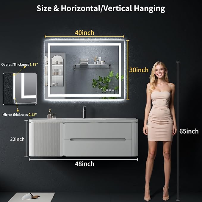 40"x30" LED Bathroom Mirror with Lights, Backlit+Frontlit, Anti-Fog | CRI 95, Stepless Dimmable, 3 Colors Lighting, Shatterproof Tempered Glass, HD Reflection, Memory, (Horizontal/Vertical)