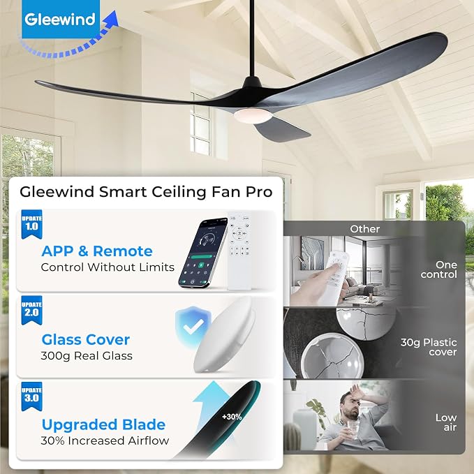 72 inch Outdoor Ceiling Fans with Lights-Glass Lamp, Large Damp Rated Wood Propeller Blades for Big Patios & Porch, Smart APP and Remote Control, 3 Blades Dimmable LED Ceiling Fans, High CFM-Black