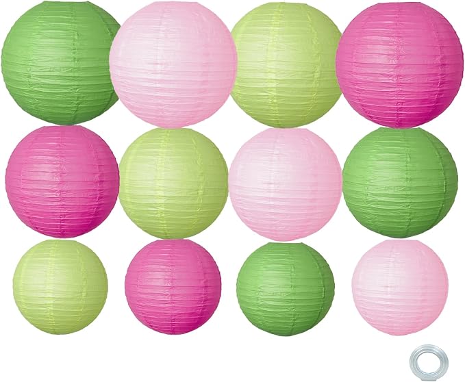12 Pcs Paper Lanterns Party Decorations Pink Green Round Hanging Paper Lanterns Assorted Sizes Paper Lanterns for Birthday Baby Shower Wedding Bridal Shower Hawaiian Luau Jungle Theme Party Decoration