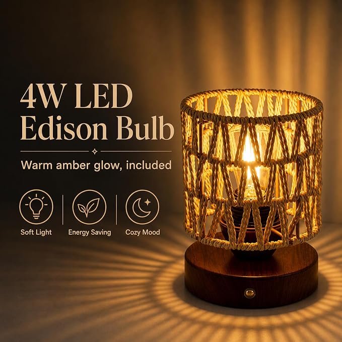 Cordless Operated Rattan Lamp, 5000mAh Rechargeable Dimmable Handwoven Open Weave Drum Table Lamp with Edison Bulb, Boho Nightstand Light for Bedroom Home Decor