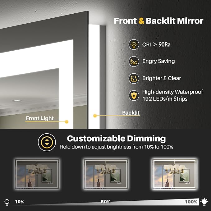 28x32 Inch LED Bathroom Mirror with Lights, Backlit & Front Lit | Anti-fog, 3 Color Dimmable, Memory Function, HD Reflection Tempered Glass, ETL Listed, IP54 Waterproof